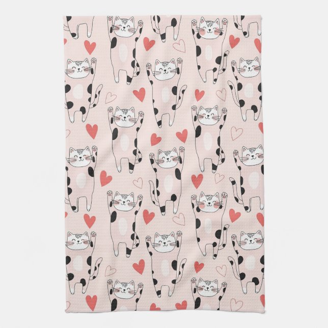 Kawaii Cat & Hearts Valentine Pattern (2) Tea Towel (Vertical)
