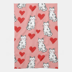 Kawaii Cat & Hearts Valentine Pattern (5) Tea Towel