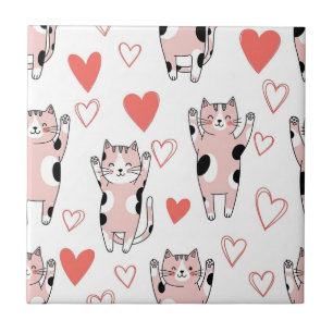 Kawaii Cat & Hearts Valentine Pattern (8) Tile