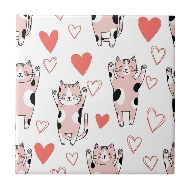 Kawaii Cat & Hearts Valentine Pattern (8) Tile (Front)