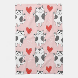 Kawaii Cat & Hearts Valentine Pattern (9) Tea Towel