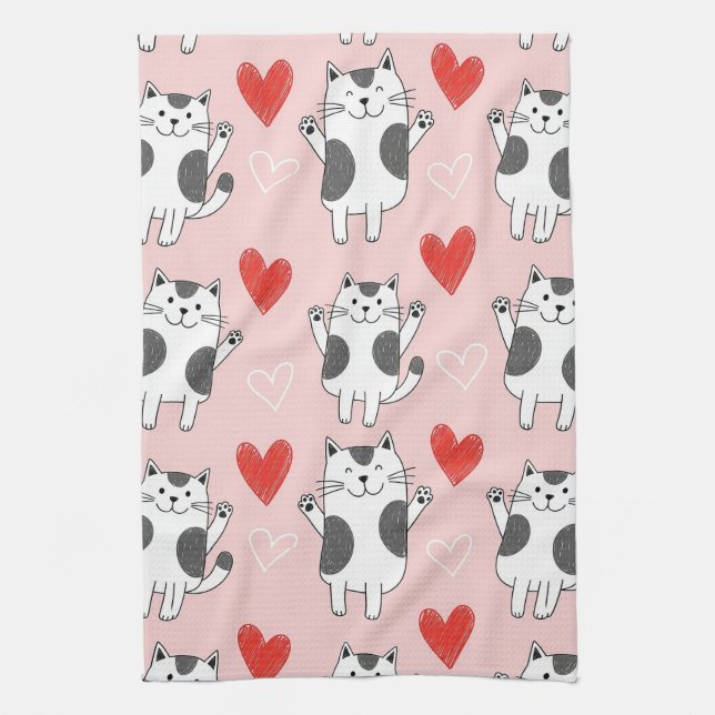 Kawaii Cat & Hearts Valentine Pattern (9) Tea Towel (Vertical)
