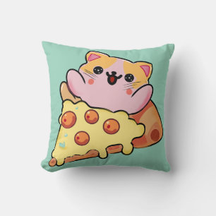 Kawaii Cat Hugging Pepperoni Pizza Cartoon Cushion