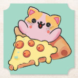 Kawaii Cat Hugging Pepperoni Pizza Cartoon Paper Coaster<br><div class="desc">cute cat,  art , pizza lover gift kawaii food funny kitten cartoon pepperoni pizza slice food humor cat mom gift anime style animal happy vibes food art</div>