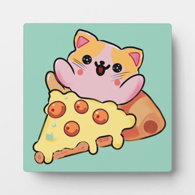 Kawaii Cat Hugging Pepperoni Pizza Cartoon Plaque (Front)