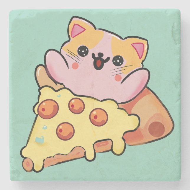 Kawaii Cat Hugging Pepperoni Pizza Cartoon Stone Coaster (Front)