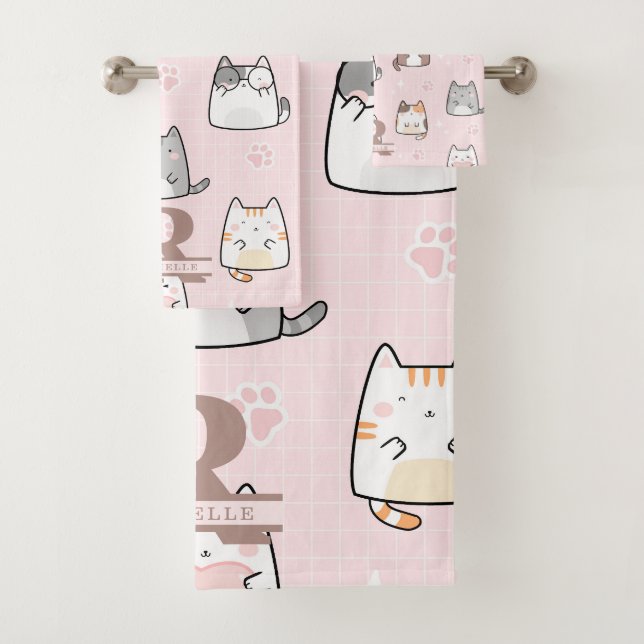 Kawaii Cat in a Pink Background Bath Towel Set (Insitu)