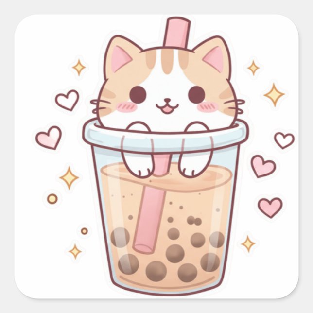 Kawaii Cat in Boba Cup Sticker – So Cute! (Front)