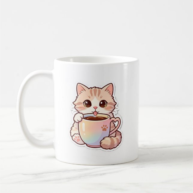 Kawaii Cat in Rainbow Coffee Cup Cute Ceramic Mug (Left)