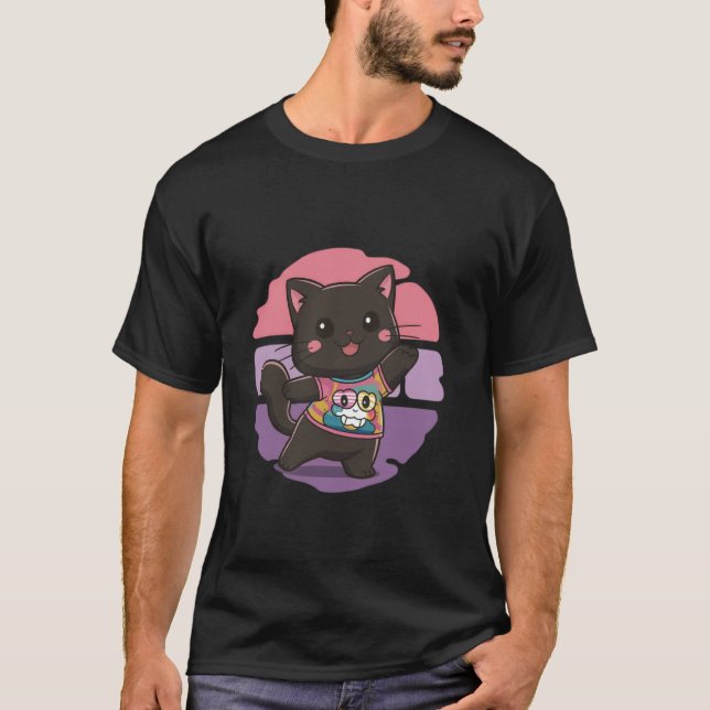 Kawaii cat Japanese black anime cat lover T-Shirt (Front)