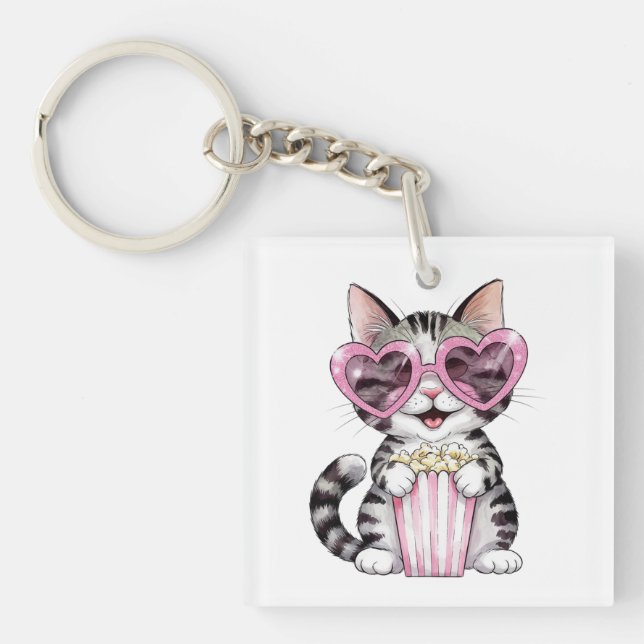 Kawaii Cat Keychain – Cute Popcorn Lover Kitty Acc (Front)