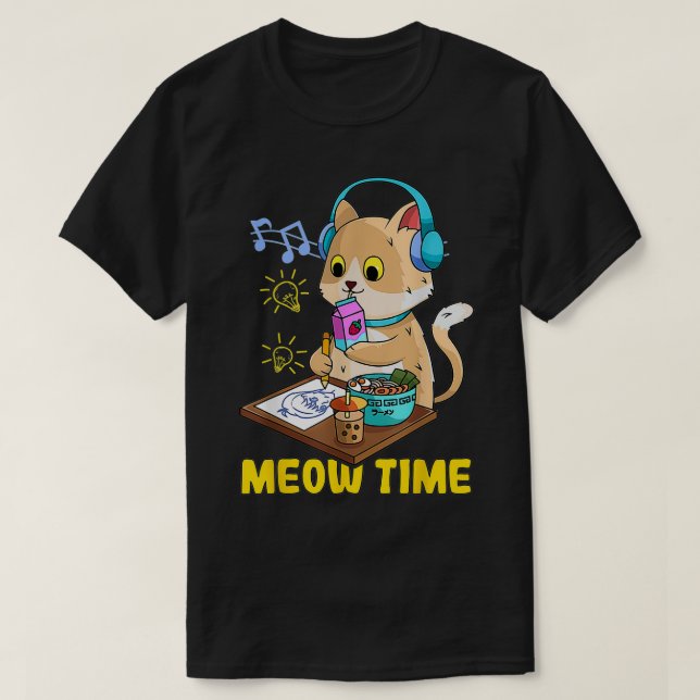 Kawaii Cat Loves Ramen Bubble Tea Music and Manga  T-Shirt (Design Front)