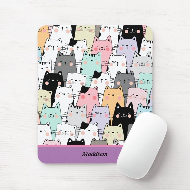 Kawaii Cat Pattern Customisable Name  Mouse Pad (With Mouse)