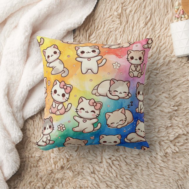  Kawaii Cat Pillow with Watercolor Rainbow  (Blanket)