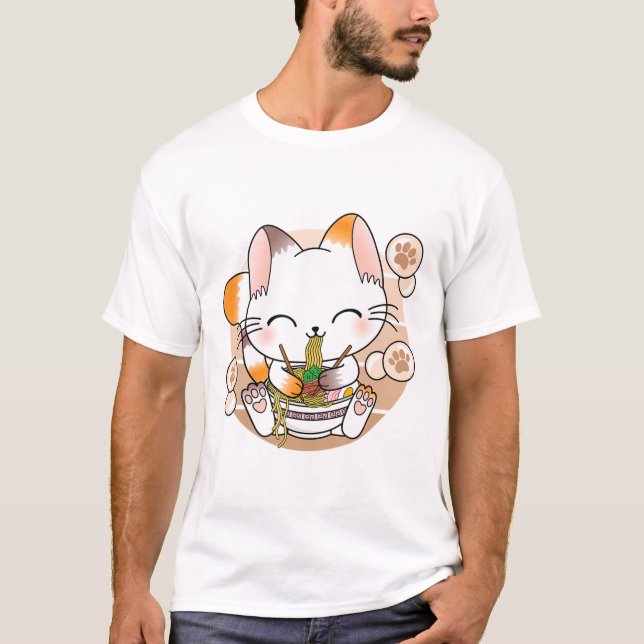 Kawaii Cat Ramen Noodles Otaku Japanese Anime Neko T-Shirt (Front)
