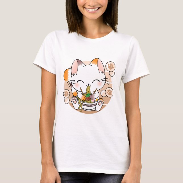 Kawaii Cat Ramen Noodles Otaku Japanese Anime Neko T-Shirt (Front)