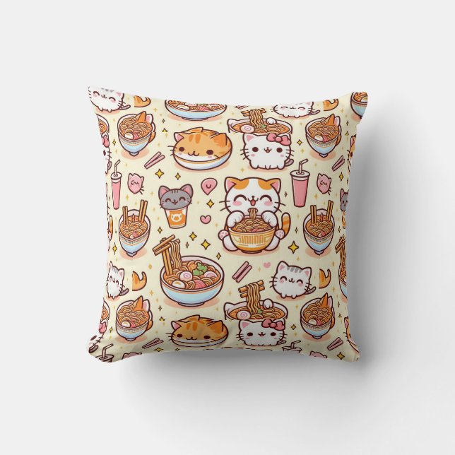 Kawaii Cat Ramen Time Cushion (Front)
