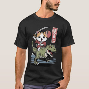Kawaii Cat Riding T-Rex Japanese Art Anime Samurai T-Shirt
