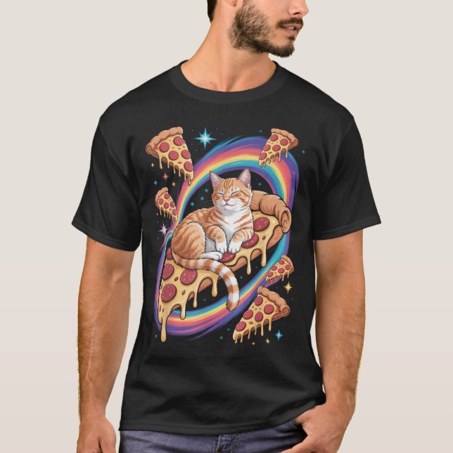 Kawaii Cat Space Planets Alien Pizza Space Cat T-Shirt (Front)