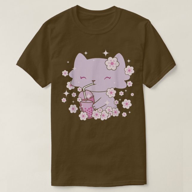 Kawaii Cat with Bubble Tea and Boba tea and Sakura T-Shirt (Design Front)