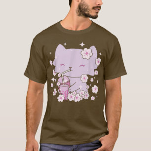 Kawaii Cat with Bubble Tea and Boba tea and Sakura T-Shirt