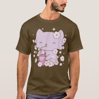 Kawaii Cat with Bubble Tea and Boba tea and Sakura T-Shirt