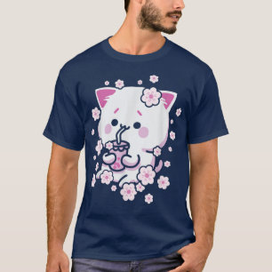 Kawaii Cat with Bubble Tea and Boba tea and Sakura T-Shirt