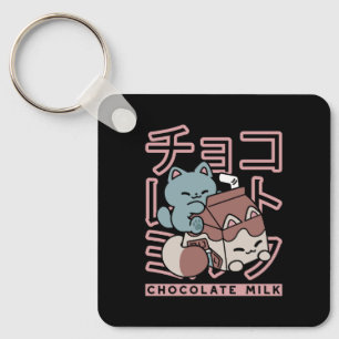 Kawaii Cat with Chocolate Milk – Japanese Pop Art  Key Ring