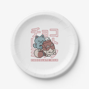 Kawaii Cat with Chocolate Milk – Japanese Pop Art  Paper Plate
