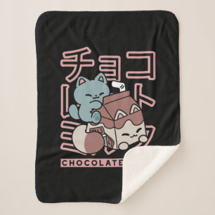 Kawaii Cat with Chocolate Milk – Japanese Pop Art  Sherpa Blanket