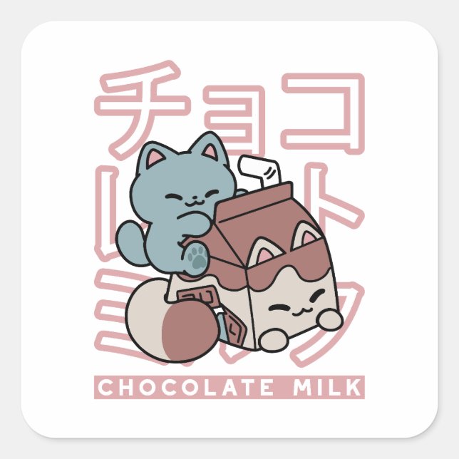 Kawaii Cat with Chocolate Milk – Japanese Pop Art  Square Sticker (Front)