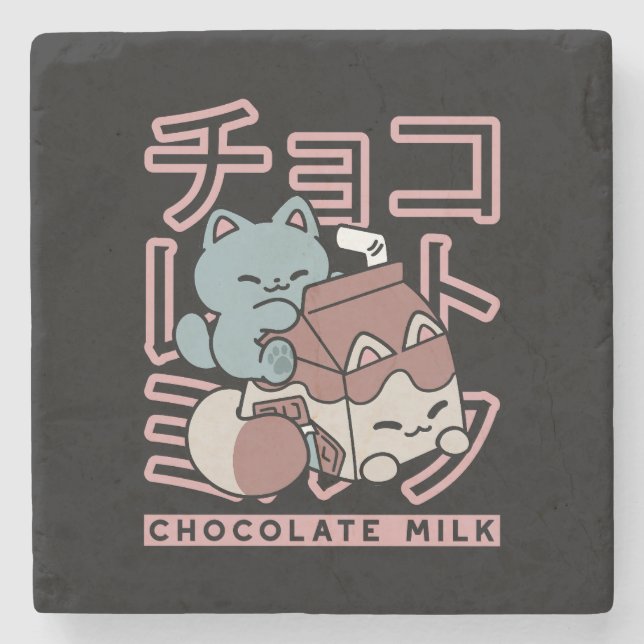 Kawaii Cat with Chocolate Milk – Japanese Pop Art  Stone Coaster (Front)