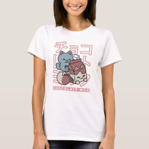Kawaii Cat with Chocolate Milk – Japanese Pop Art T-Shirt