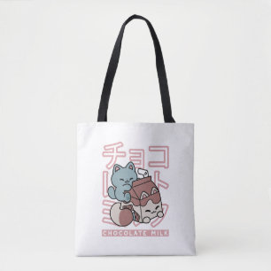 Kawaii Cat with Chocolate Milk – Japanese Pop Art Tote Bag