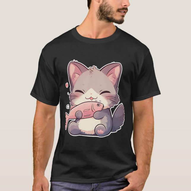 Kawaii cat with fish T-Shirt (Front)