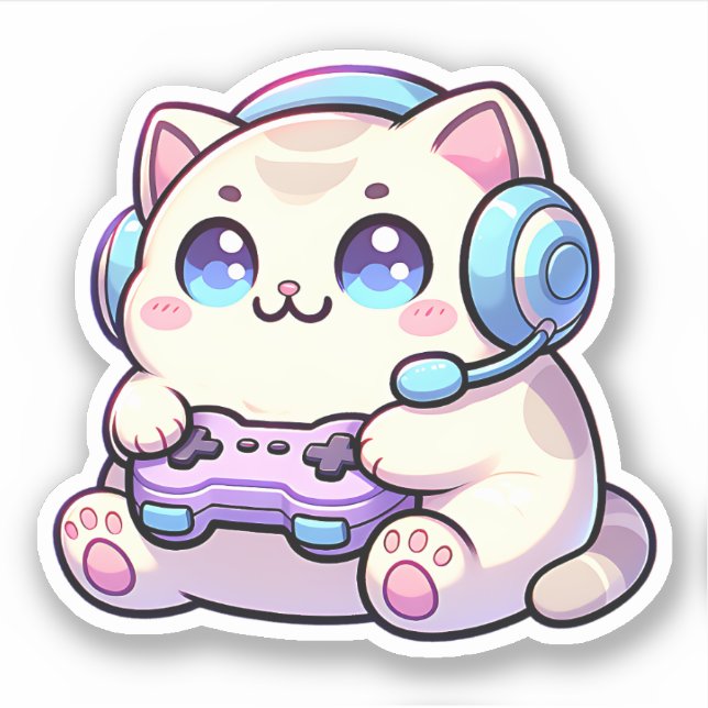 Kawaii Cat with Game Controller  Pastel Sticker  (Front)
