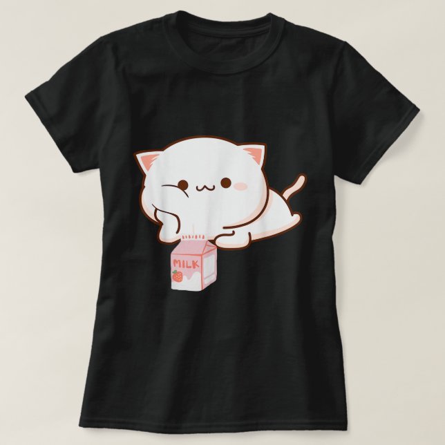 Kawaii Cat with Strawberry Milk T-Shirt (Design Front)