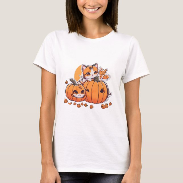 Kawaii cats playing with a small pumpkin,Halloween T-Shirt (Front)