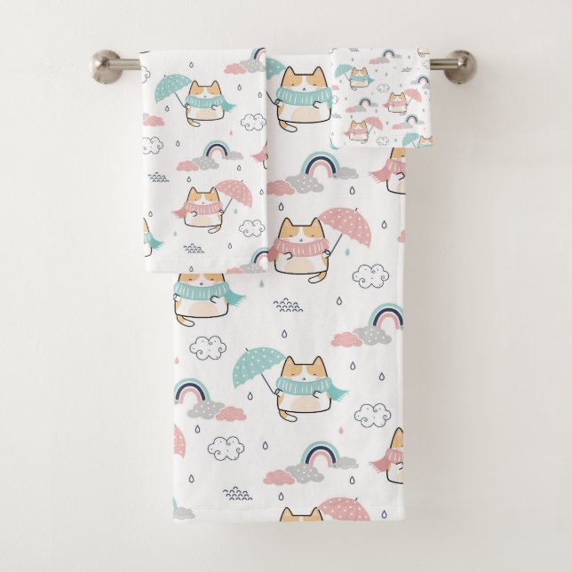 Kawaii Cats Rainy Day Pattern Bath Towel Set (Insitu)