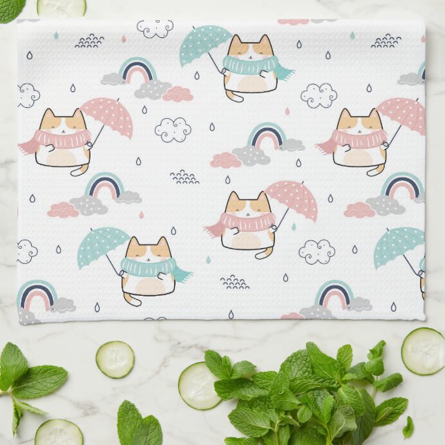 Kawaii Cats Rainy Day Pattern Kitchen Towel (Folded)