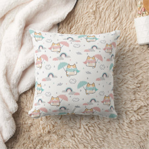 Kawaii Cats Rainy Day Pattern Throw Pillow