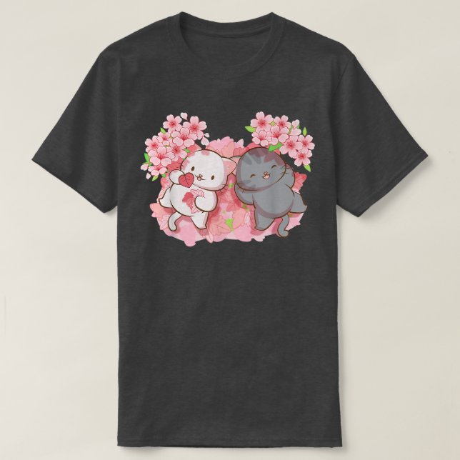 Kawaii Cats under Cherry Blossom Trees Japanese Sa T-Shirt (Design Front)