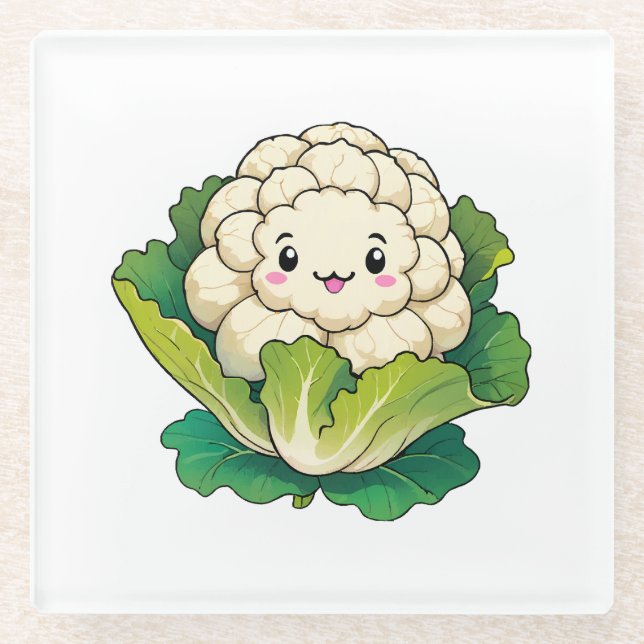Kawaii Cauliflower Glass Coaster (Front)