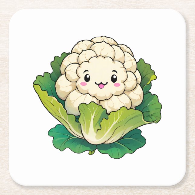 Kawaii Cauliflower Square Paper Coaster (Front)