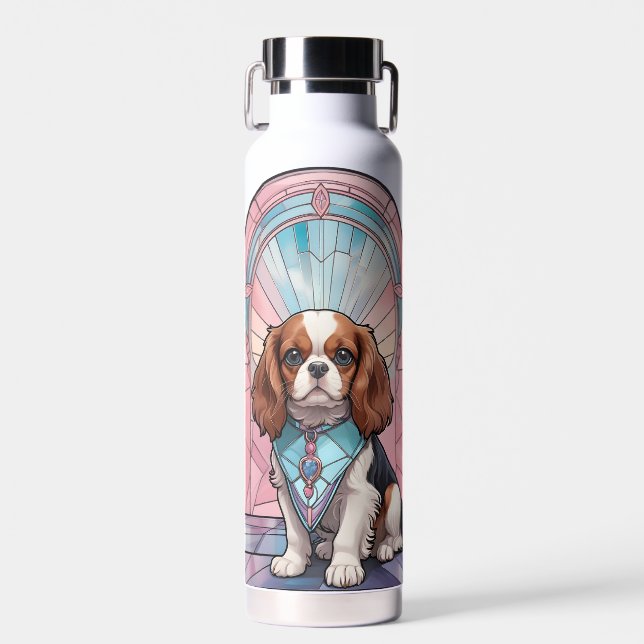 Kawaii Cavalier King Charles Pastel Stained Glass Water Bottle (Front)