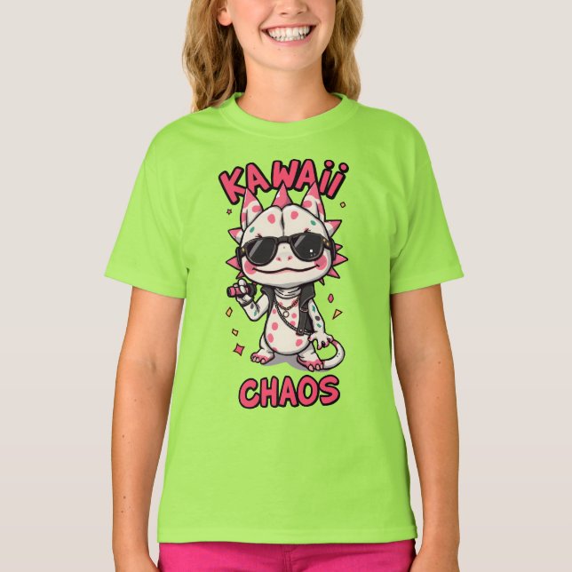Kawaii Chaos Cool Axolotl Sunglasses LeatherJacket T-Shirt (Front)