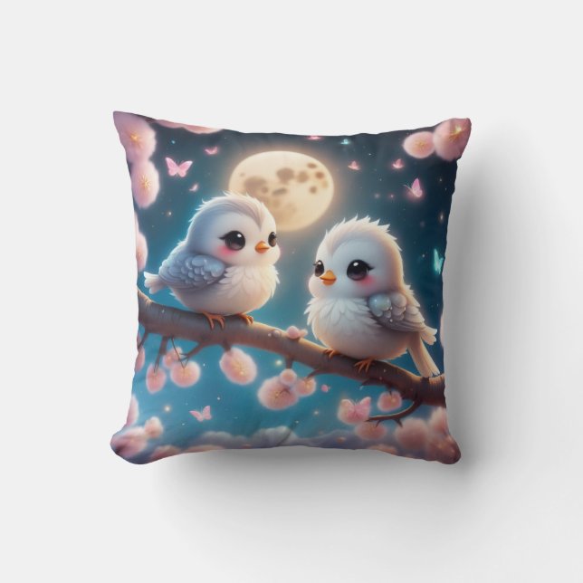 Kawaii Charming Birds under Moonlight Cushion (Front)
