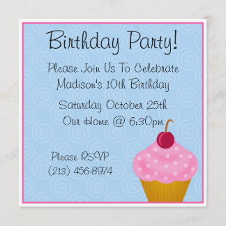 Kawaii Cherry Cupcake Birthday Party Invitations