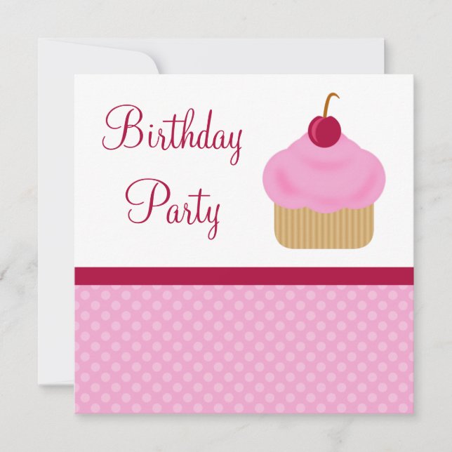 Kawaii Cherry Cupcake Birthday Party Invitations (Front)