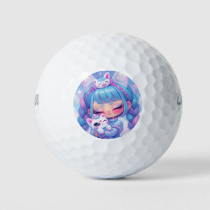 Kawaii Chibi Anime Girl Cosy Kitty Cuddle Art Golf Balls